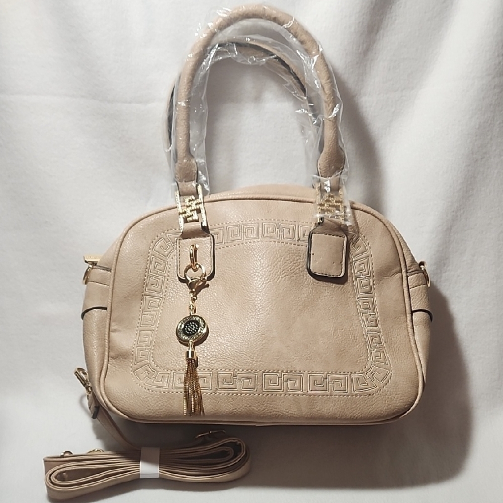 Tan Satchel Bag with Gold Accents and Textured Design CLEARANCE